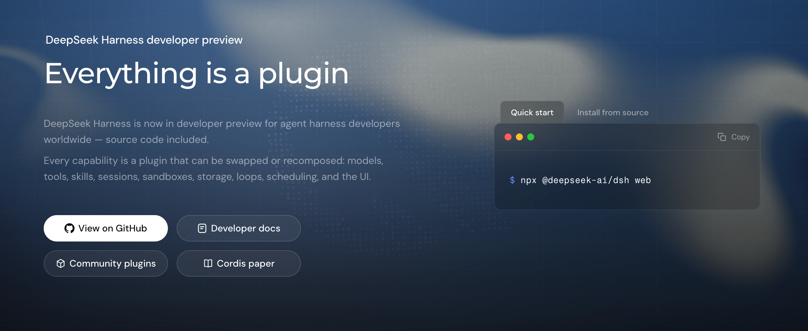 DeepSeek Harness 官网首页，主标题为 Everything is a plugin，快速开始命令是 npx @deepseek-ai/dsh web