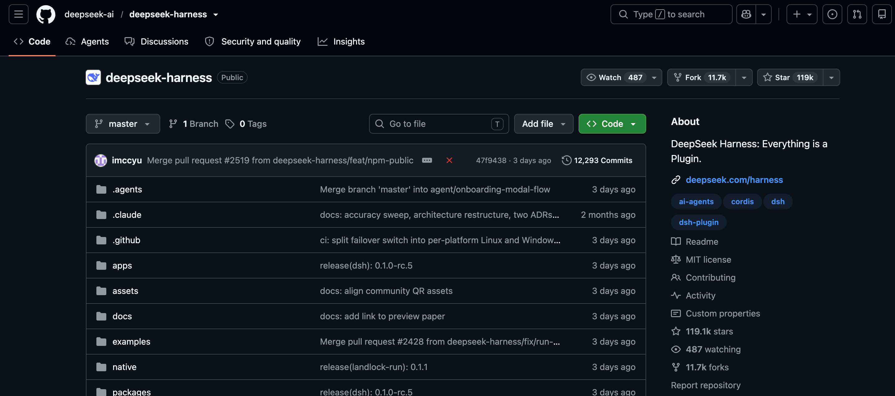 GitHub 上 deepseek-ai/deepseek-harness 仓库页面，显示 119.1k stars、11.7k forks、MIT license
